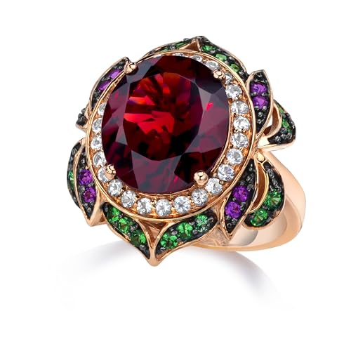 LE VIAN 7 5/8 Carat Garnet Statement Ring for Women | 14k Rose Gold Anniversary Ring for Her with White Topaz, Tsavorite, Amethyst Floral Design Wedding Promise Band Size 7