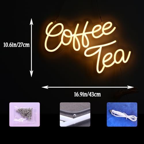 Qianese WORDS NEON Coffee Neon Sign Coffee And Tea Bar Light Sign Led Hanging Wall Art Sign "16.9 X 10.6 Inch Warm White Letter Led Sign thumb #1