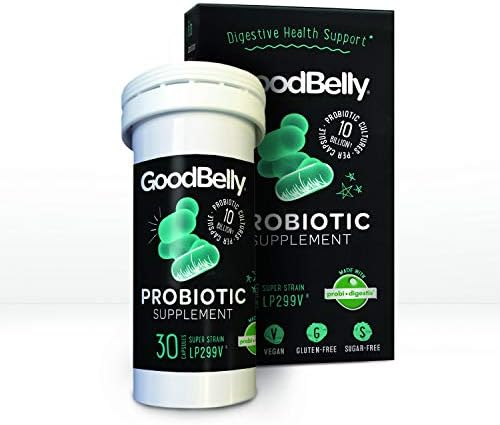 GoodBelly Probiotic Supplement for Digestive Health Support - Includes 10 Billion Live & Active Cultures of Lactobacillus Plantarum – Vegan Probiotic (30 Capsules per Bottle)