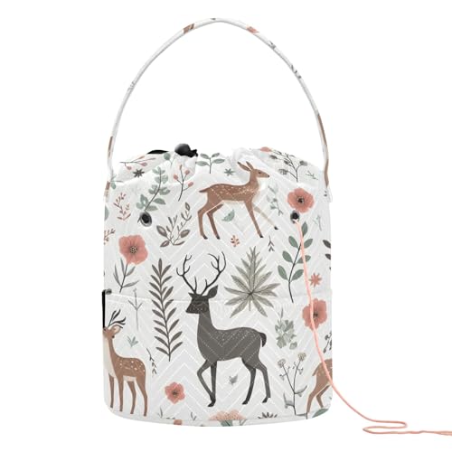 Yarn Storage Bag Small Crochet Bag Knitting Bag Organizer Deers Floral Branches Yarn Bags for Crocheting Basket