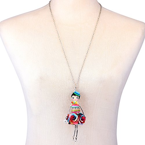 BONSNY Paris Doll Necklace Dress Handmade Pendant News Alloy Metal Crystal Flower Long Chain Fashion Jewelry4