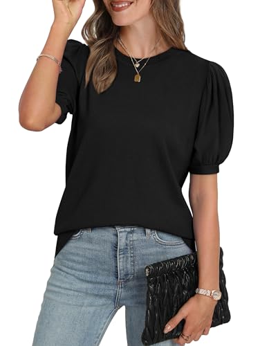 Image of WIHOLL Women's Puff Short Sleeve Sweater 2026 Spring Summer Tops Trendy Business Causal Outfits Work Blouses Clothes