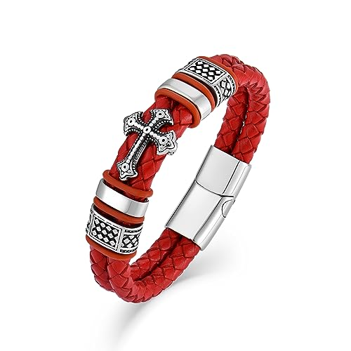 Raymard Mens Christian Cross Double Row Leather Bracelet, Religious Braided Cuff Bracelet for Men - [Red] 8.1"