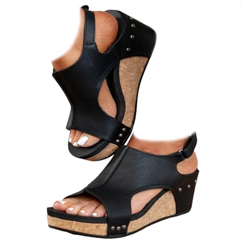 Whimsyard Sandalias ortopédicas de cuña de cuero para mujer,sandalias de plataforma de ancho amplio,sandalias de plataforma de verano con hebilla y tira de tobillo (Negro,37)