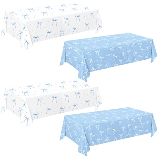 LINHAXM 4 Pack Blue Bow Tablecloth Coquette Birthday Decorations Bow Disposable Table Cover for Girl Wedding Engagement Bridal Birthday Decorations 54 x 108 Inches