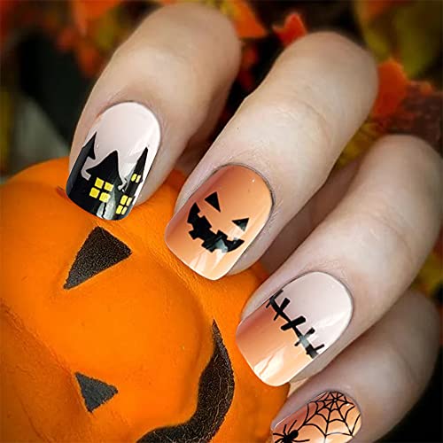 Halloween Short Press on Nails with Designs,Pumpkins Haunted House Stick on Nails for Women,Acrylic Nails Press on,Full Cover Fake Nails for Nail Art DIY Decoration,24PCS