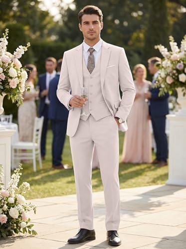 Image of Men's 3 Piece Slim Fit Suit Set, Two Button Blazer Solid Jacket Vest Pants Wedding Business Suit