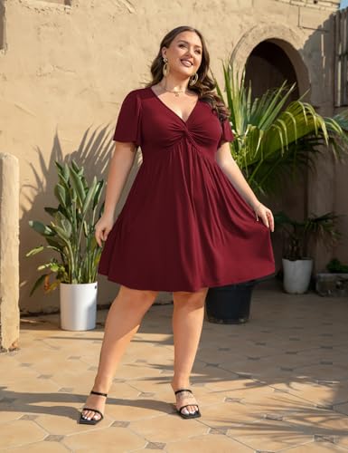Image of Manllenshie Womens Plus Size Summer Dress Casual Short Sleeves Deep V Neck Twist Knot Front Flowy Dress with Pockets