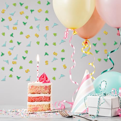 Image of 100pcs Dinosaur 5th Birthday Confetti, Dino Five Table Confetti, Jungle Animal Paper Scatters for 5th Anniversary Party Table Decoration