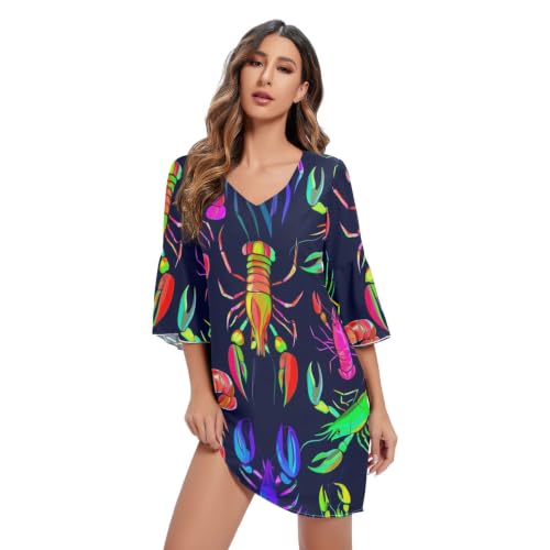 Robe à imprimé homards bleus col en V pour femme vêtement de plage fluide et coloré