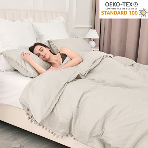Phf 100% Washed Cotton Linen Like Duvet Cover King Size, 3Pcs Soft Cotton Pom Pom Comforter Cover, Comfy Breathable Durable Cooling Duvet Cover For Hot Sleepers, 104" X 90", Linen #TOP1