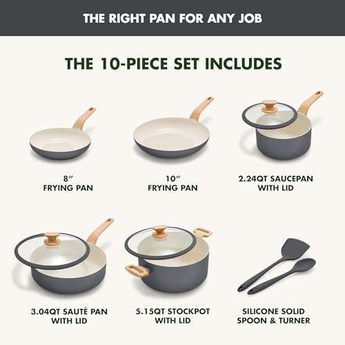 Image of GreenPan Rio Essence Wood 10 Piece Cookware Pots and Pans Set, Healthy Ceramic Nonstick, PFOA & PFAS-Free Coating, Induction, Silicone Rim Lids, Stay-Cool Wood Print Handles, Dishwasher Safe, Gray