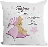 Kissen als Geschenk zur Taufe oder Geburt mit Namen & Datum Babykissen Kleiner Teddy Rosa