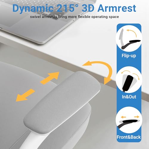 Image of HYLONE Office Chair Ergonomic Desk Chair with Flip up Armrests, 5 inch Thickened Seat Computer Chair with Mesh Back Home Office Computer Chairs for Long Hours Mesh Executive Chair(White Base & Grey)