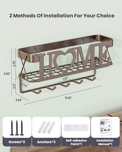 Key-Holder-for-Wall-Self-Adhesive-Key-Holder-Wall-Mount-with-5-Key-Hooks-1102-L275-W492-H-Mail-Organizer-Wall-Mounted-Key-Hanger-for-Wall-Entryway-Home-Decor-Bronze