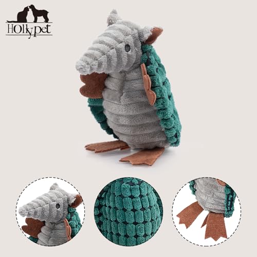 Image of Hollypet Plush Dog Squeaky Toy Stuffed Armadillo Animal Pet Puppy Chew Toys with Clean Teeth for Small Medium Large All Breed Sizes Dogs, Deep Green, 6 in