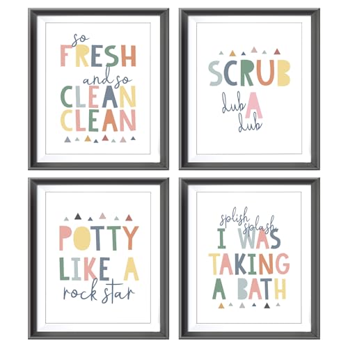Image of So Fresh and Clean Colorful Bathroom Art Poster Prints for Home Kid Washroom Restroom Nursery Toilet Laundry Decor,Funny Bathroom Rules Word Art Decorations Prints Wall Art Unframed 4pcs 8x10inch