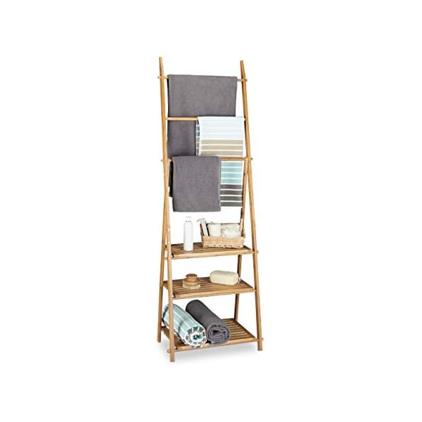 Relaxdays Handtuchhalter Bambus, Faltbar, Kleiner Kleiderständer, 3 Ablagen, 3 Handtuchstangen, 4 seitliche Haken, HxBxT: 152 x 53 x 31 cm, Holz, Natur