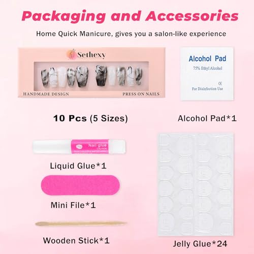 Sethexy Long Coffin Handmade False Nails - Black, Ink Painting, 3D Design, Floral Press on Nails Women Salon Stick on Nails 10PCS - Image 4