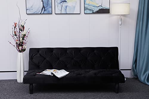 Eafurn Futon Sofa Bed Convertible Sleeper Couch Or Living Room,Modern Velvet Lounge Loveseat W/Adjustable Backrest,Tufted Sofa & Couches Daybed For Small Compact Space, Black #TOP4