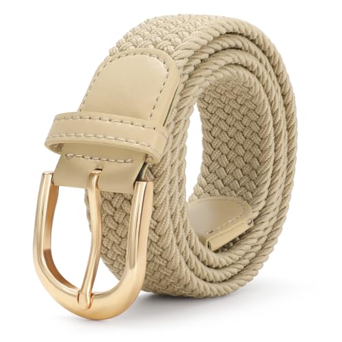 JasGood Cinturón elástico de lona trenzada Cinturón informal elástico para hombres y mujeres, Caqui plano+hebilla dorada, 115cm: Für Größe 80cm-97cm