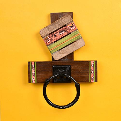 Image of Aakriti Art Creations Madhubani Art Wooden Towel Holder | Handcrafted Wooden | Matte Finish Natural Brown Wall Mounted Towel Holder for Bath & Wash Area