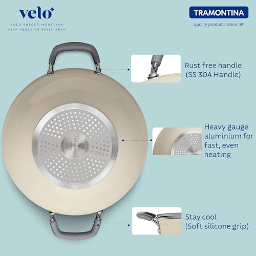 Image of Tramontina Velo 32cm / 8.0L Forged with Ceramic Reinforced Interior Kadai | Tempered GlassLid | Kadhai for Curry Deep-Fry Stir-Fry | Silicone Grip Handles | Gas /Induction | Cook & Serve | Sand Beige