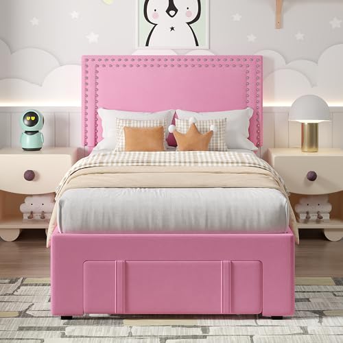 Image of VECELO Twin Size Upholstered Bed Frame with Storage Drawer, Adjustable Velvet Rivet Decor Headboard, Wooden Slats Platform Support, No Box Spring Needed, Easy Assembly,Pink