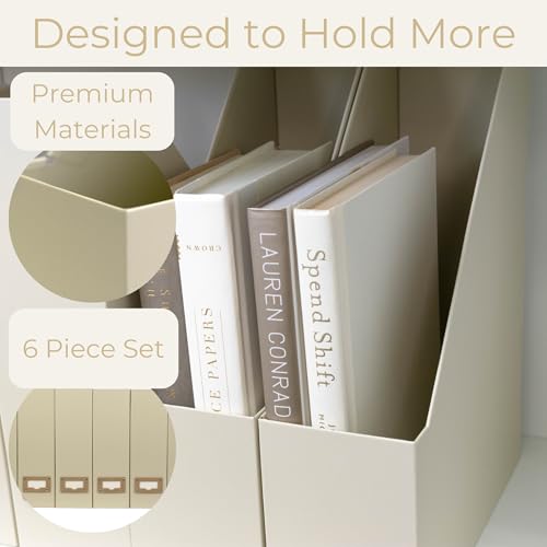 BLU MONACO | Cardboard Magazine File Holder Set of 6 | Vertical Magazine File Holder with Label Slots | Beige Linen Foldable File Organizers for Desk Shelf Office - Image 6