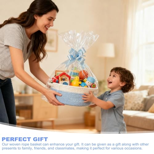 Empty Hamper Basket Gift Set, Gift Basket Hamper Kit, Blue Woven Basket with Cellophane Bags Raffia Pull Bows Greeting Card, Gift Baskets for Baby Shower Wedding Birthday and Housewarming - Image 4