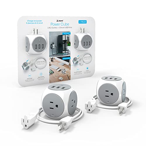 Atomi Power Cube 2-Pack – 3AC Outlets + 3 Smart USB Ports + 5-ft. Cable