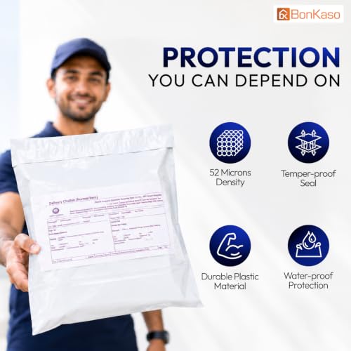 Image of BonKaso Poly Courier Bags 8x10 Inches with POD Sleeve | 55 Micron Tamper Proof & Waterproof Plastic Packaging Envelopes for Shipping, Delivery & E-commerce Use - Pack of 200