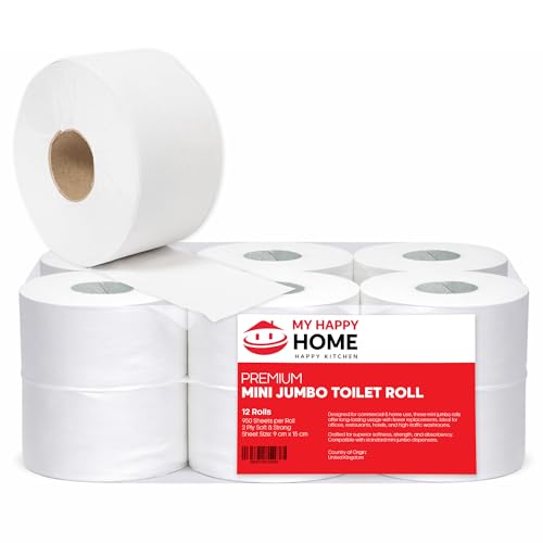 Image of My Happy Home 2 Ply Mini Jumbo Toilet Rolls – Pack of 12 | 950 Sheets per Roll | T2 Dispenser Compatible | Soft, Strong & Absorbent Tissue | 15 x 9 cm Sheet Size