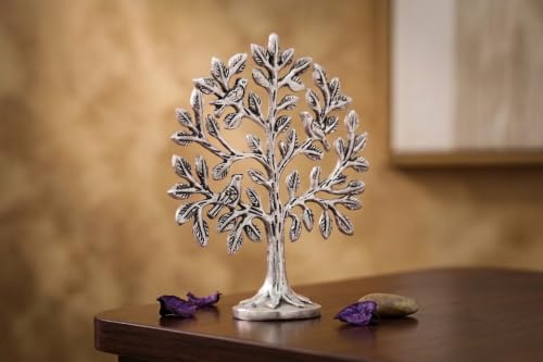 Image of Metal Kalpavriksha Tree for Home Decor - Golden Wish Fulfilling Tree Metal Showpiece for Temple, Vastu, Office Table & Gifting Banyan (No 0 Silver)