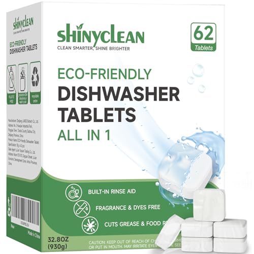 Shinyclean Dishwasher Detergent Tablets with Built-in Rinse Aid | All-in-1 Plant-Based Pods | Fragrance & Dye Free | Natural & Phosphate-Free | Biodegradable & No Unwrapping Needed | 62 Count