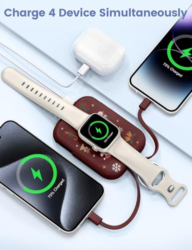 Image of RORRY Portable Charger, 5000mAh Portable Charger Power Bank with Built-in Cables, Travel Keychain Battery Pack for Apple Watch Ultra /11 /10 /9 /8 /7 /6 /SE, iPhone Air /17 /16 /15 /14 /13 /12, Christmas Red
