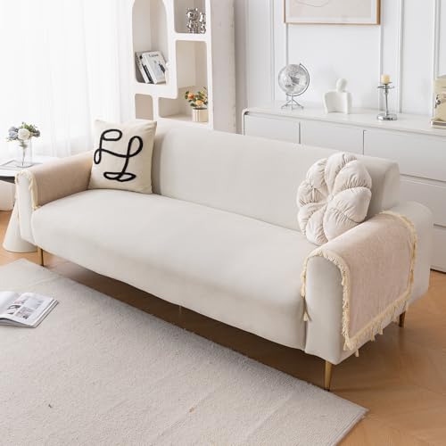 Image of HOKIPO 'Serenity Tassel' Chenille Sofa Arm Cover with Tassels - 1 Pair | Ivory Fringe (IN-893-BGE*2)