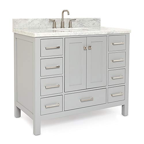 Ariel 43" Inch Grey Bathroom Vanity W/ 1.5" Edge Italian Carrara Marble Countertop & Backsplash | Rectangular Sink | 2 Soft Closing Doors And 9 Full Extension Dovetail Drawers | Satin Nickel Pulls #TOP3