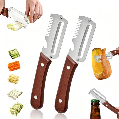 3 in 1 Zero Snag HolzschäLer SparschäLer Multifunktionaler GemüSeschäLer For Die Küche SchäLer Mit Holzgriff Aus Edelstahl 3-in-1-Obstsparschäler Julienneschneider und Flaschenöffner (2 Stück)