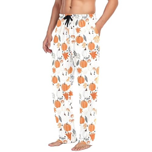 Thanksgiving Autumn Fall Pumpkin Leaves Men's Pajama Pants Cotton Sleep Bottoms with Drawstring A23045453