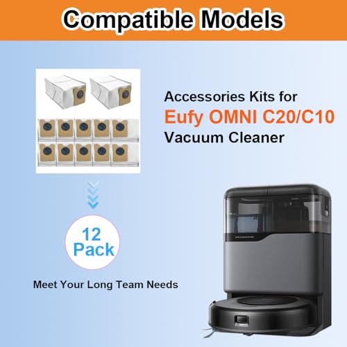 Image of 12 Pack Omni C20 C10 Replacement Dust Bags Compatible with Eufy C10, C20 Omni Robot Vacuum, Large Capacity Replacement Vacuum Bags
