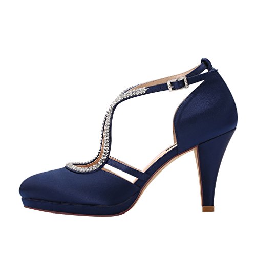 ERIJUNOR Women Comfort Low Heel Closed-Toe Ankle Strap Platform Satin Bridal Wedding Shoes2