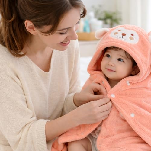 Image of SIGNAMIO Baby Towels 2-4 Years - Soft Poncho Hooded Bath Towel for Kids - Lightweight Baby Towel for 0 to 6 Month - Premium Material for Comfort and Absorbency - Peach Color