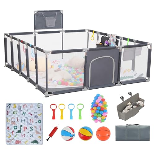 Image of Baby playpen, 79"x71"Baby Playpen with Mat Indoor＆Outdoor Playpen for Babies and Toddlers with Breathable Play Pen with Ocean Balls Hanging Pocket Basketball Hoop (Gray)