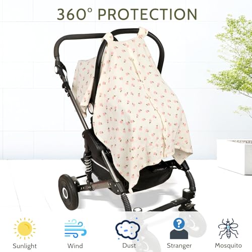 Image of Car Seat Cover Baby Girls Boys, Summer Cotton Baby Car Seat Cover for Carseat, Comfortable Muslin Nursing Cover, Soft Baby Blanket, Breathable Lightweight Infant Stroller Canopy, Pink Flower