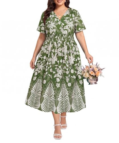 Image of CARCOS Plus Size Dresses for Curvy Women V Neck Summer Maxi Dress Short Sleeve Floral Boho Dress Smocked Waist Beach Dress