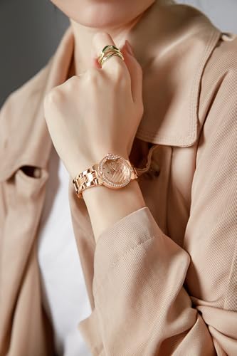 Image of London Fog Crescent Collection Analog Quartz Watch for Women - Round Textured Dial, Crystal-Studded, Diamond-Style Hour Markers, Stainless Steel Strap - LFW20005