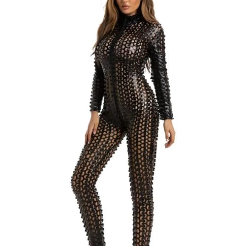 WOYUANSHA Monos Bodysuit Mono De Mujer con Agujeros Calados Color Sólido Ajustado Suave Elástico Manga Larga Mono De Escenario De Baile XL Negro