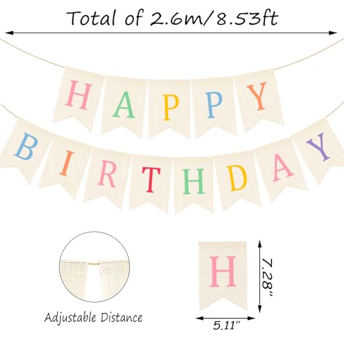 Image of Doumeny Happy Birthday Burlap Banner Boho Birthday Bunting Garland Pastel Bohemian Sign Party Banner White Hanging Garland Rainbow Birthday Bunting Falg for Home Mantel Fireplace Nursery Backdrop