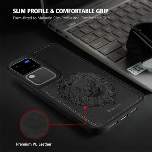 Image of Vaku Luxos️ Lion Embossed Back Cover Case for Vivo V30 5G Premium Leather Stitched Soft Shockproof Protective TPU Phone Case Camera Screen Protector- Black